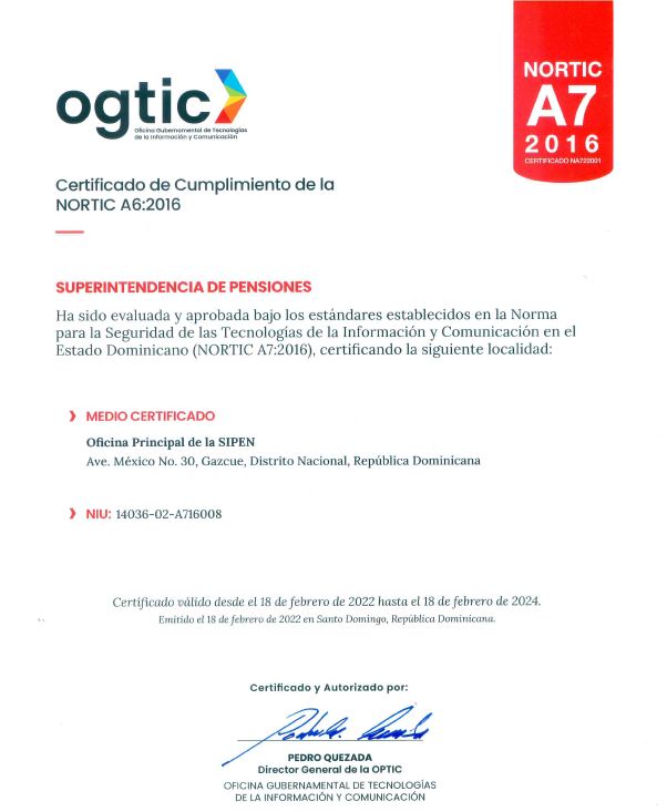 SIPEN recibe la certificación NORTIC A7:2016